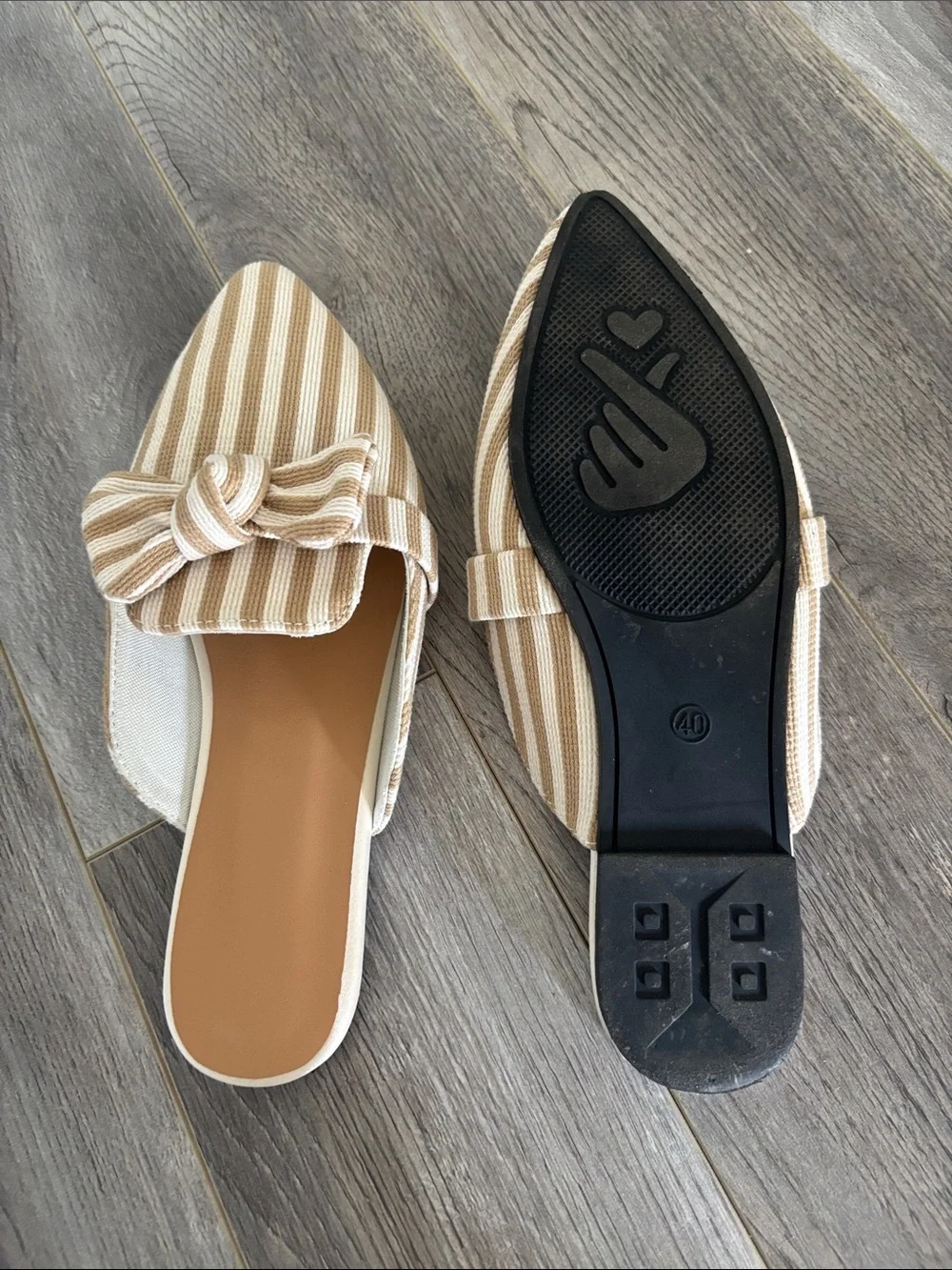SHEIN Beige & Cream Striped Bow Pointed Mules - Picture 8 of 10